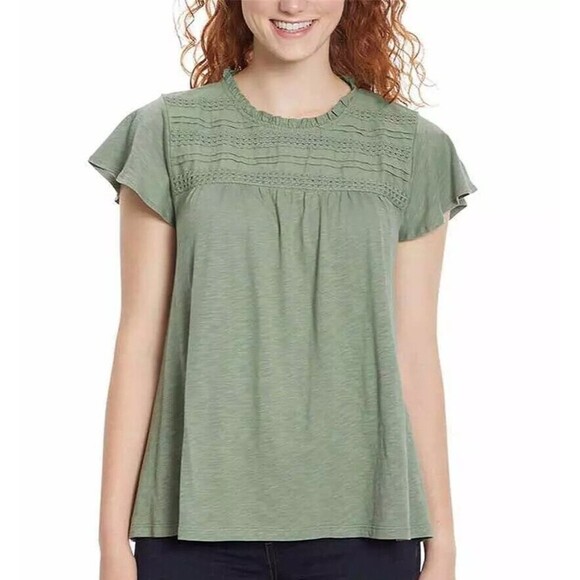 Ella Moss Shirt Top Size XXL Flowy Stretch Lace Trim Cap Sleeve Green Keyhole - Picture 2 of 13